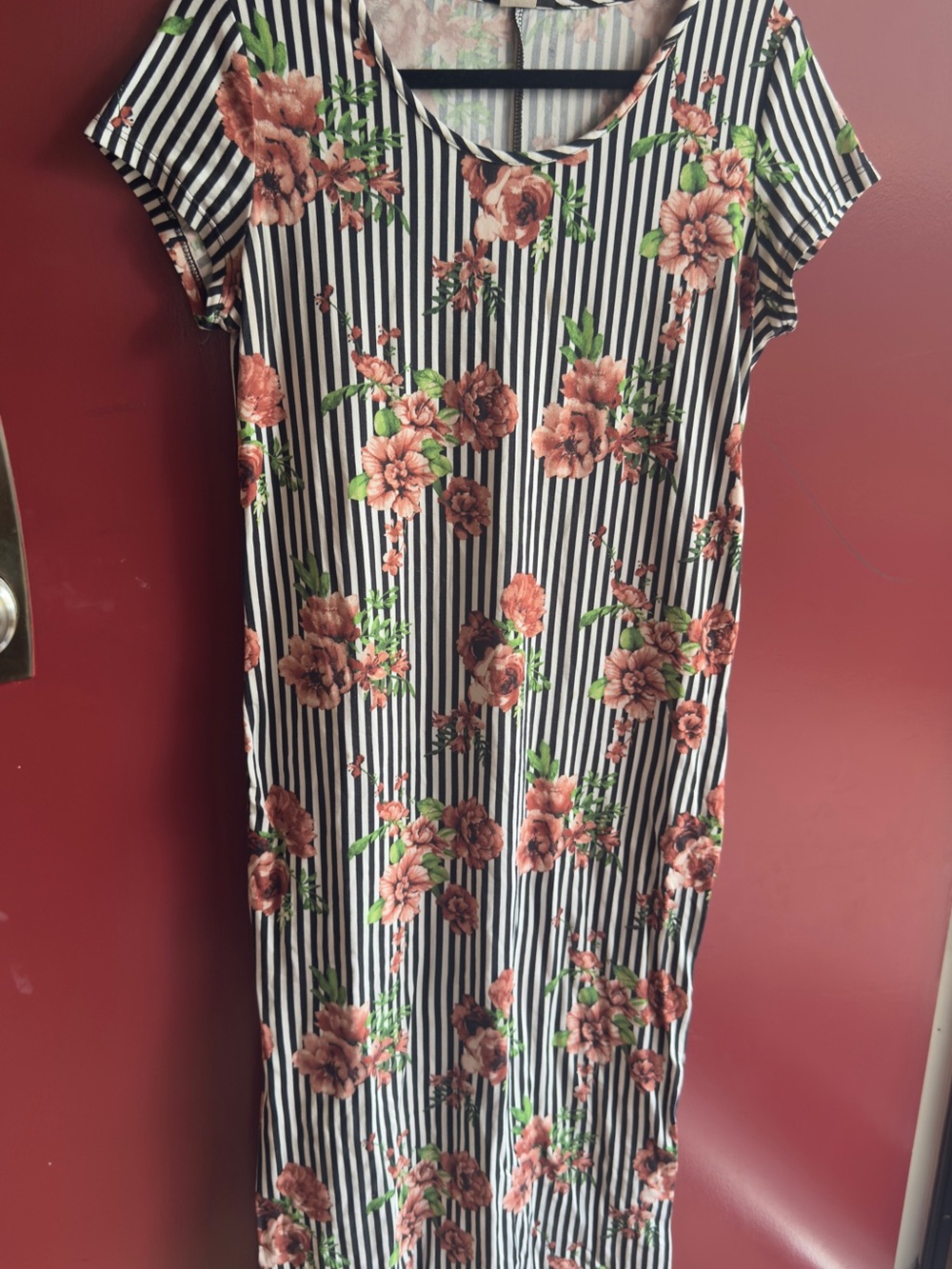 Discreet Black & White Striped Dress with Coral Floral Print